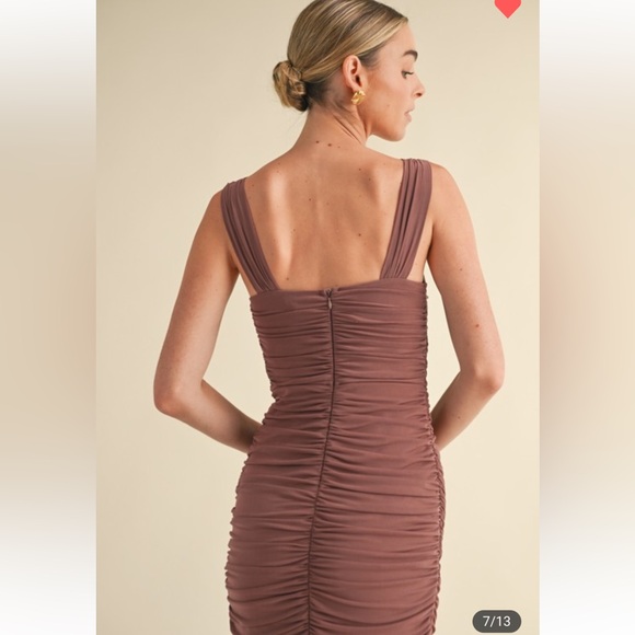 #155 RUCHED SOLID MESH FISH TAIL MIDI DRESS - Picture 7 of 7